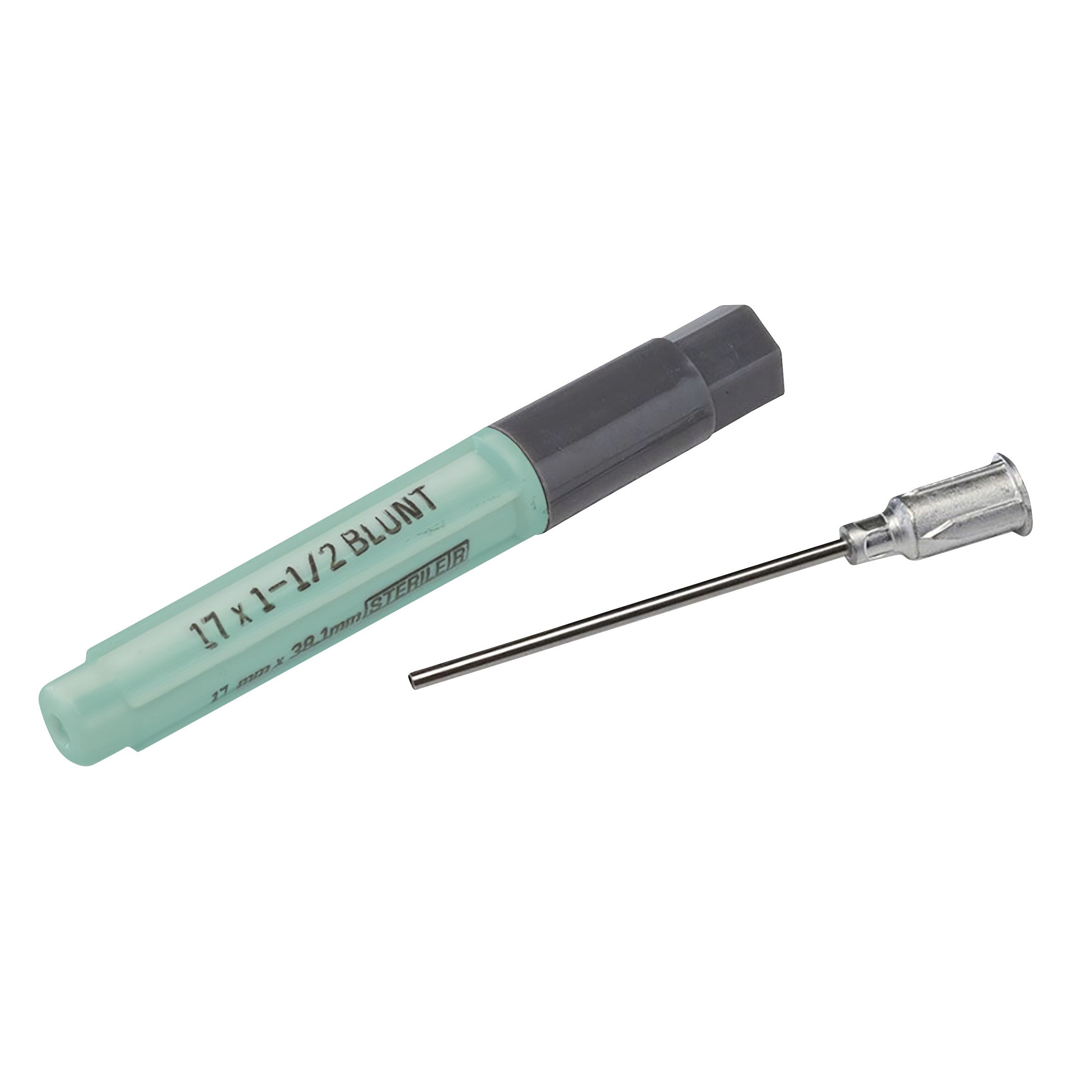 A green and gray Blunt Cannula Needle with its tip detached and laid next to the protective cap.