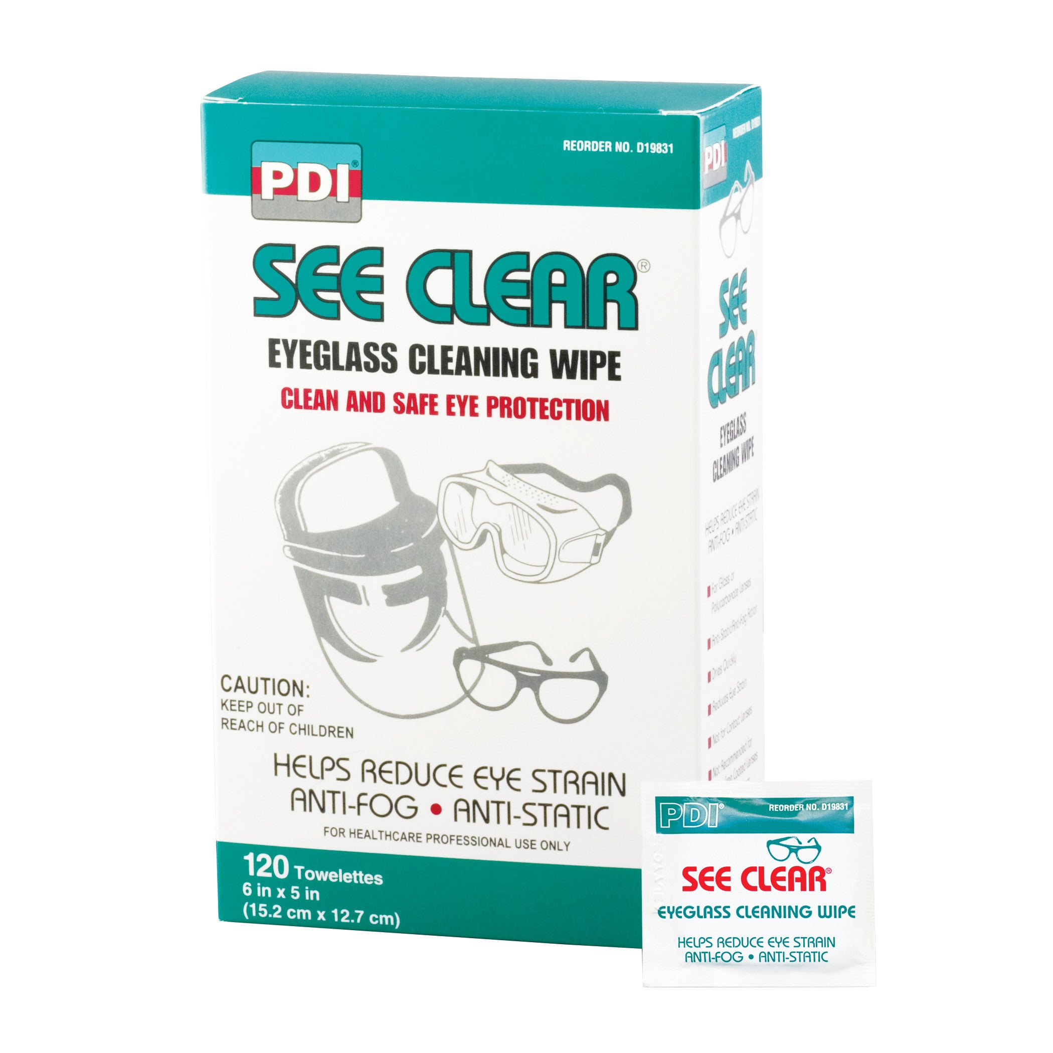 Box of PDI See Clear Lens Cleaning Wipes with illustrations of eyewear. Contains 120 anti-fog, anti-static towelettes.