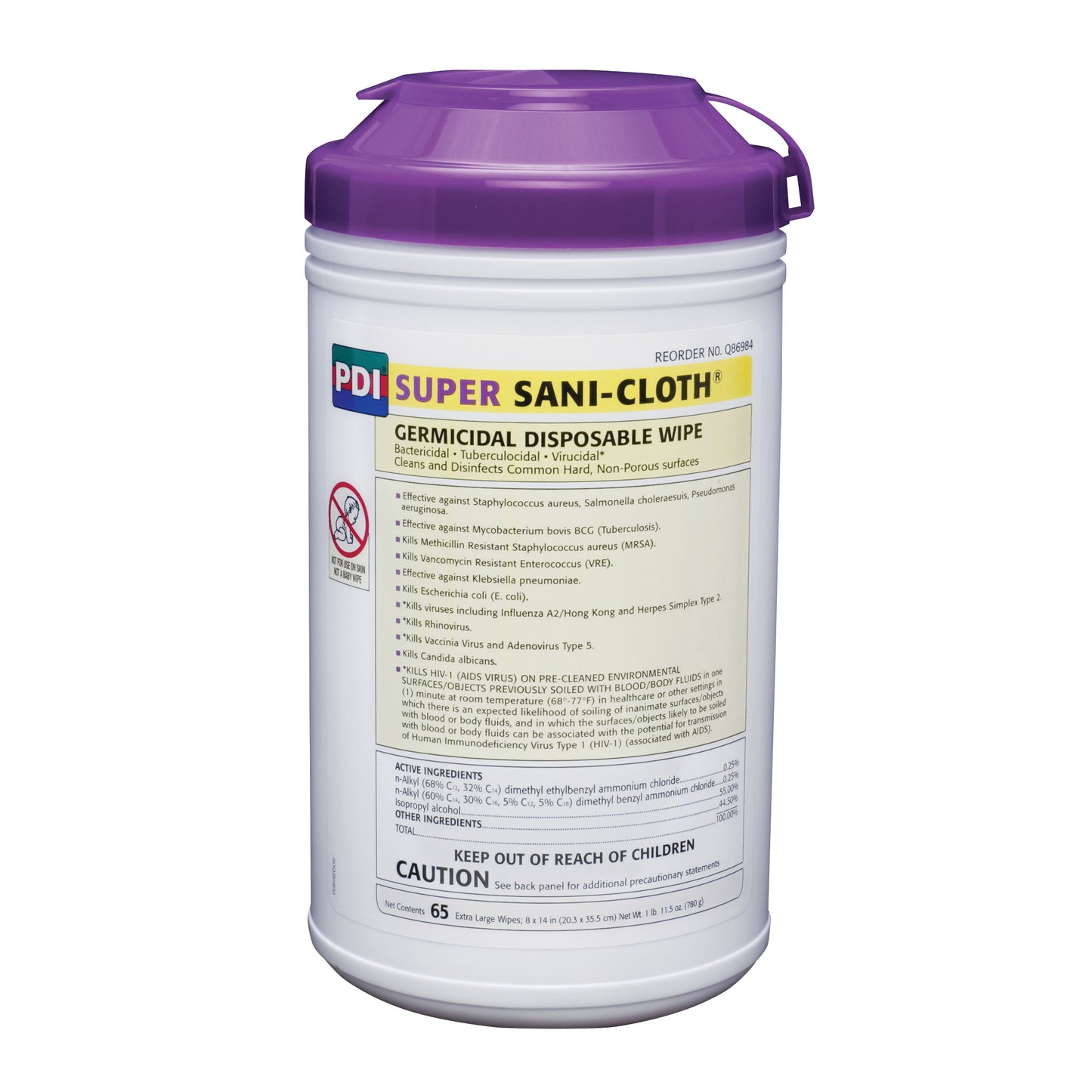 Container of PDI Super Sani-Cloth Germicidal Disposable Wipes with a purple lid, designed to disinfect non-porous surfaces.
