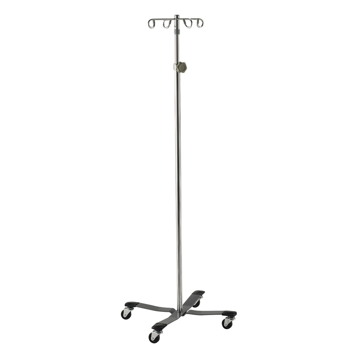 Lakeside Heavy-Duty Four-Leg Healthcare IV Pole with caster wheels and multiple hooks on a tall metal stand.