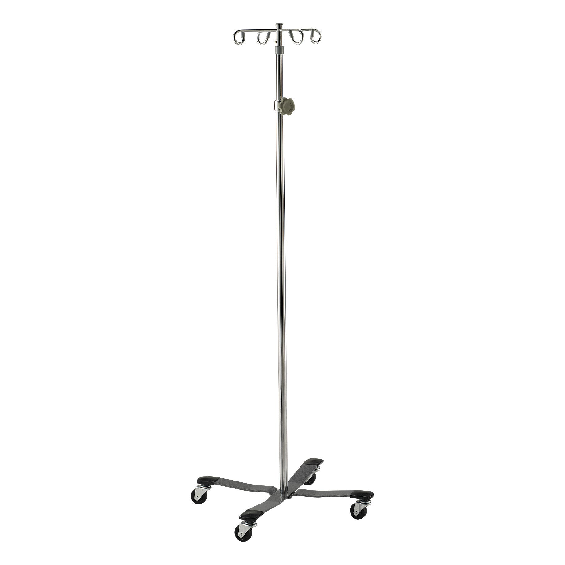 Lakeside Heavy-Duty Four-Leg Healthcare IV Pole with caster wheels and multiple hooks on a tall metal stand.