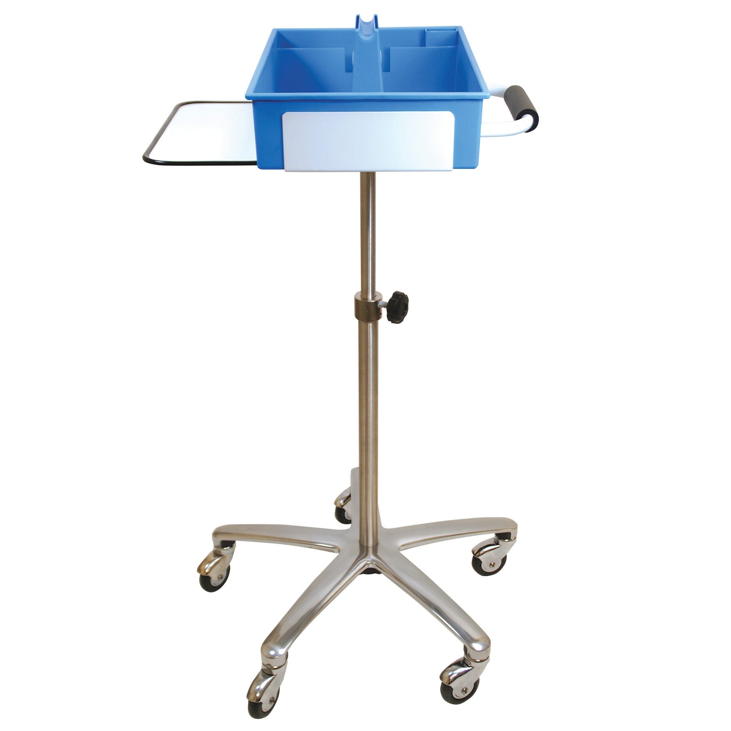 Workstation Phlebotomy Cart with Tray featuring a blue tray, adjustable stand, and wheels for mobility.