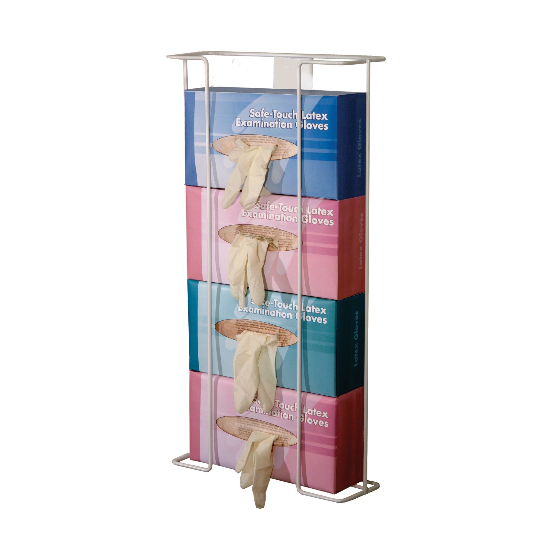 AliMed Wire Glove Dispenser holding boxes of latex examination gloves, with gloves partially pulled out of openings.