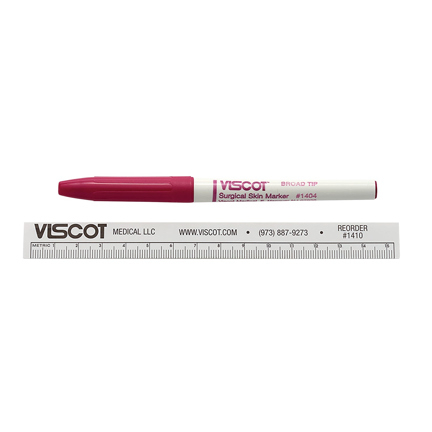 A Viscot Precision Surgical Skin Marker with a pink cap is placed above a white, branded ruler with measurement markings.