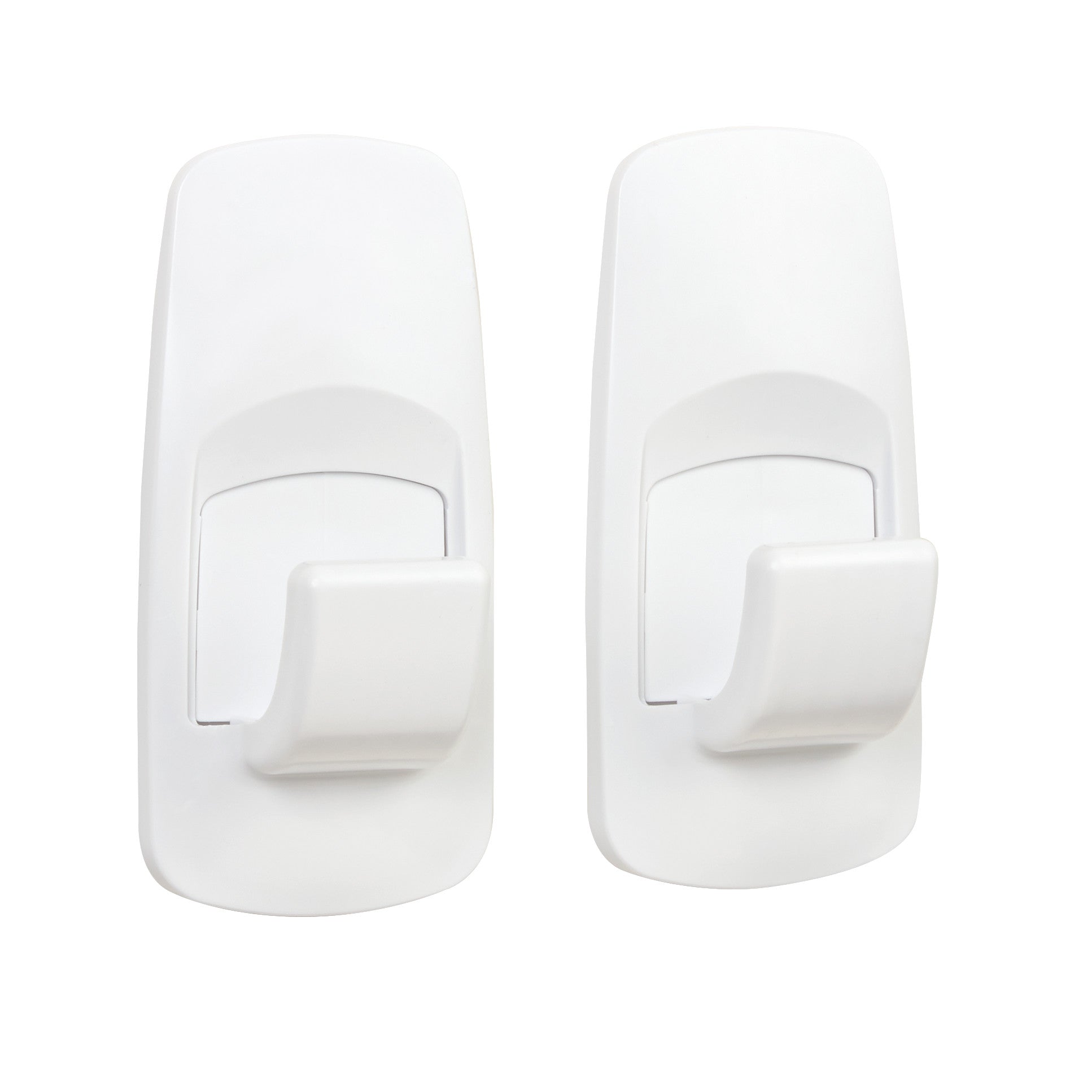 Two EZ Mount Hanging Brackets with curved hooks, shown in white, designed for wall mounting.