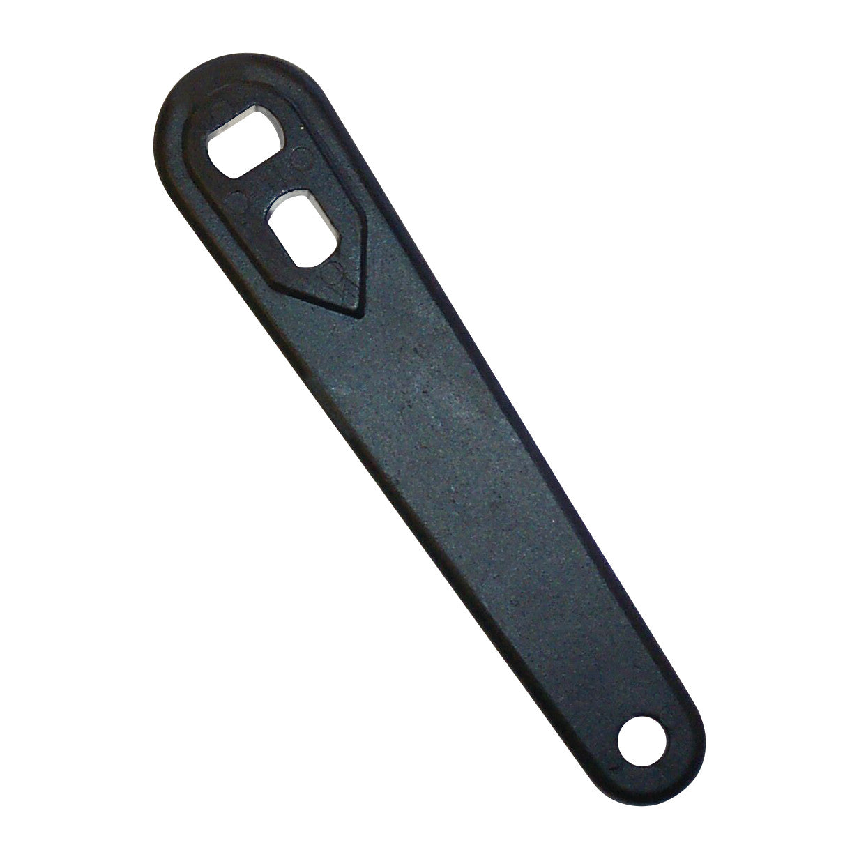 MRI Nonmagnetic Oxygen Cylinder Wrench, black, with two rectangular slots and a hole at the handle's end for easy storage.