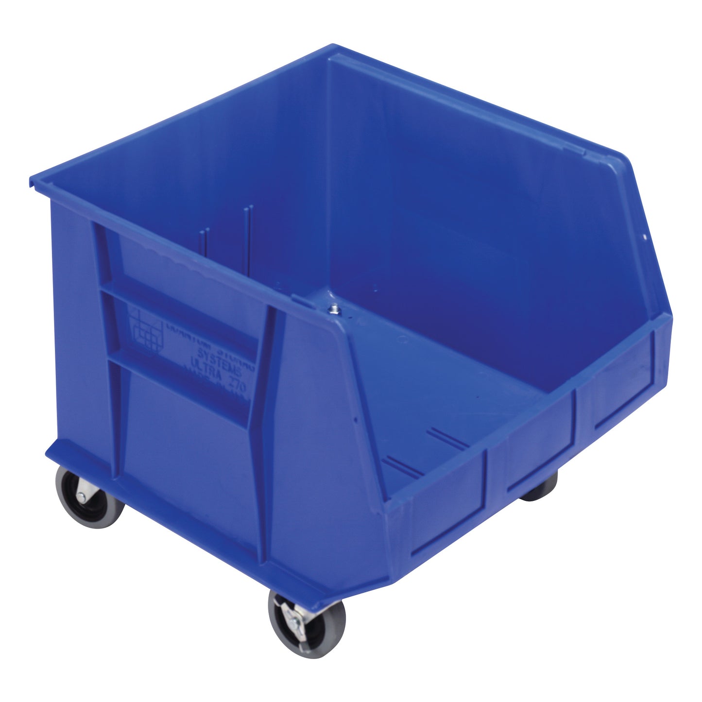 Blue Quantum Mobile Ultra Stack and Hang Bin with open front and mounted on four swivel casters for easy mobility.