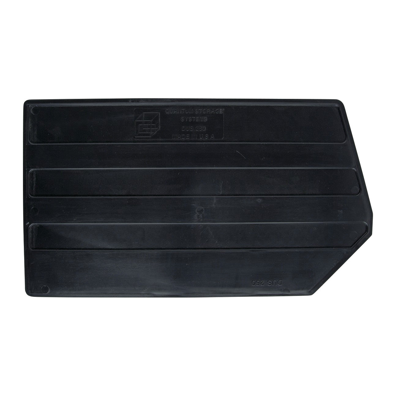Black plastic Divider for Quantum Ultra Stack and Hang Bin, with a rectangular shape and ridged surface.
