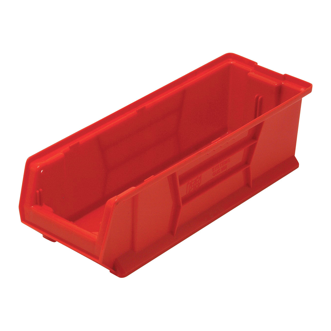 A red Quantum Hulk Container, rectangular with sloped sides, used for storage and organization.