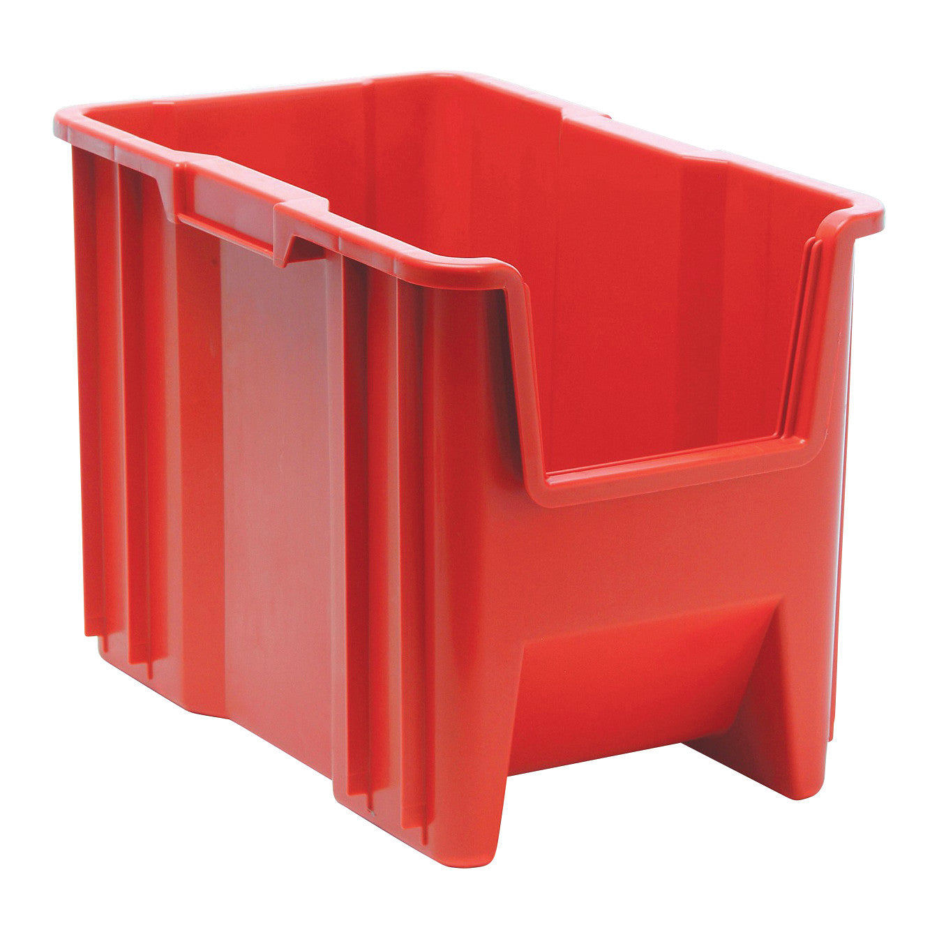 Red Quantum Giant Stack Container with ribbed sides and an open front for easy access, designed for heavy-duty storage.