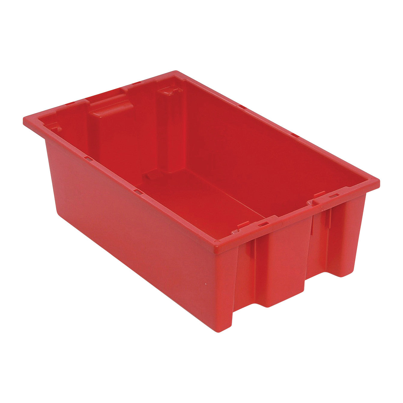 A red Quantum Stack and Nest Tote, rectangular with reinforced edges and a smooth interior, designed for storage and organization.