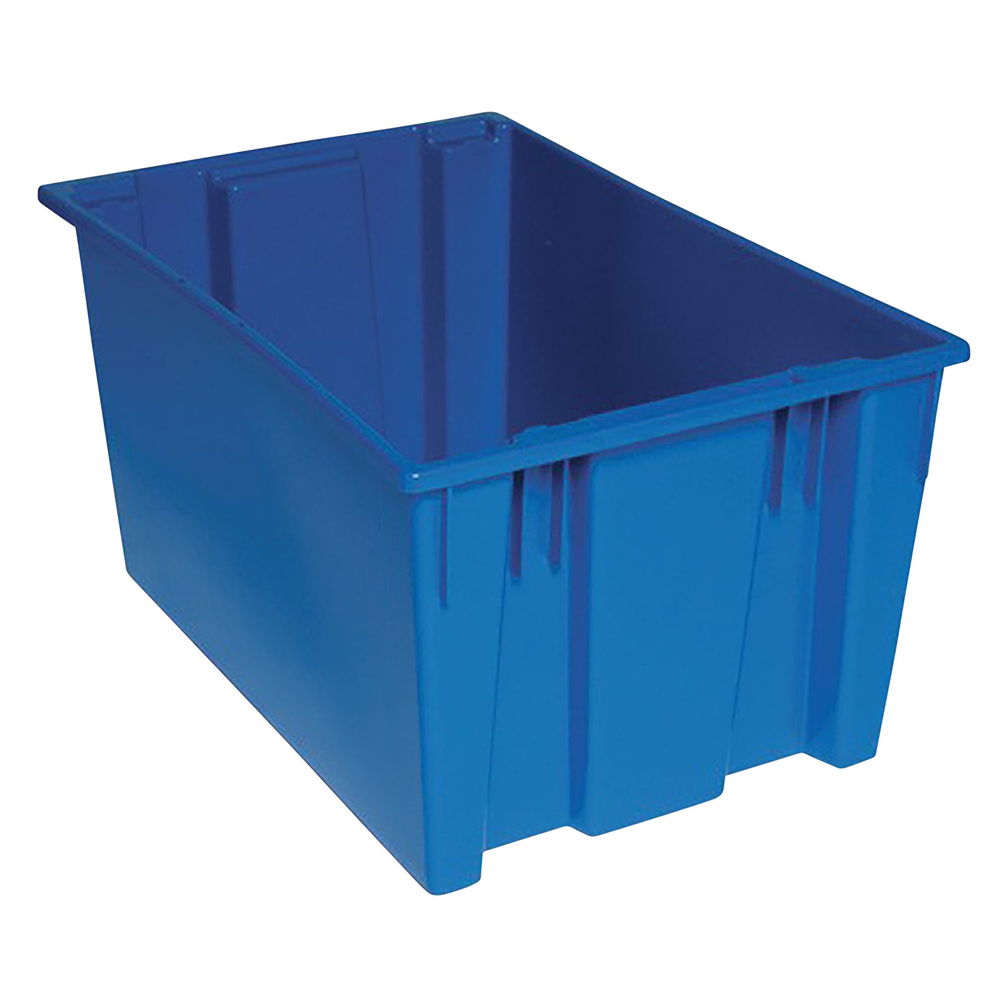 A blue Quantum Stack and Nest Tote is shown, featuring a rectangular shape with reinforced sides and a slightly tapered bottom.