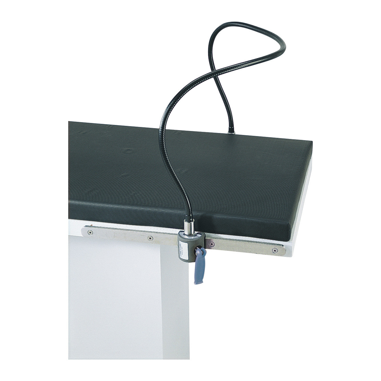 Allen Flexible Anesthesia Screen attached to an operating table edge, featuring a black flexible tube and metal clamp.