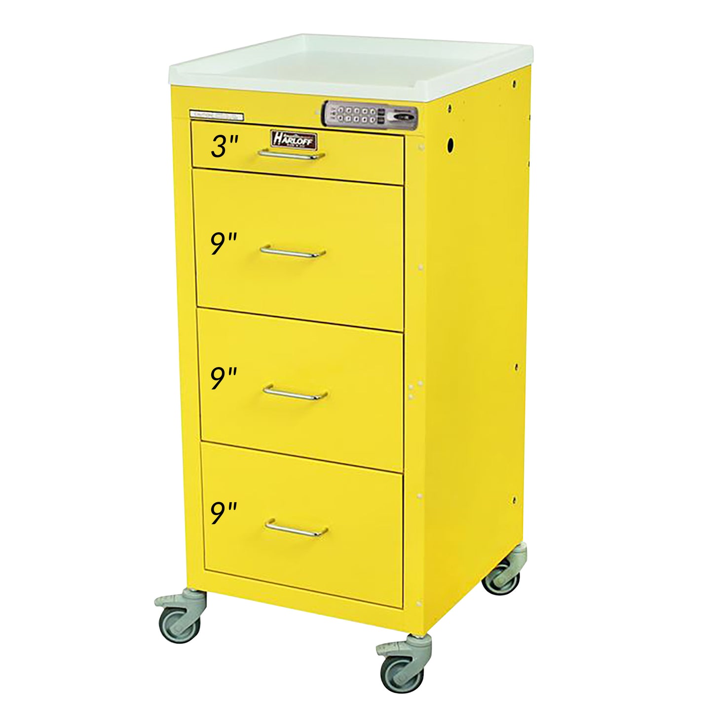 The Harloff Mini-Line 4-Drawer Isolation Cart in bright yellow features three 9" drawers, one 3" drawer, and is on wheels.