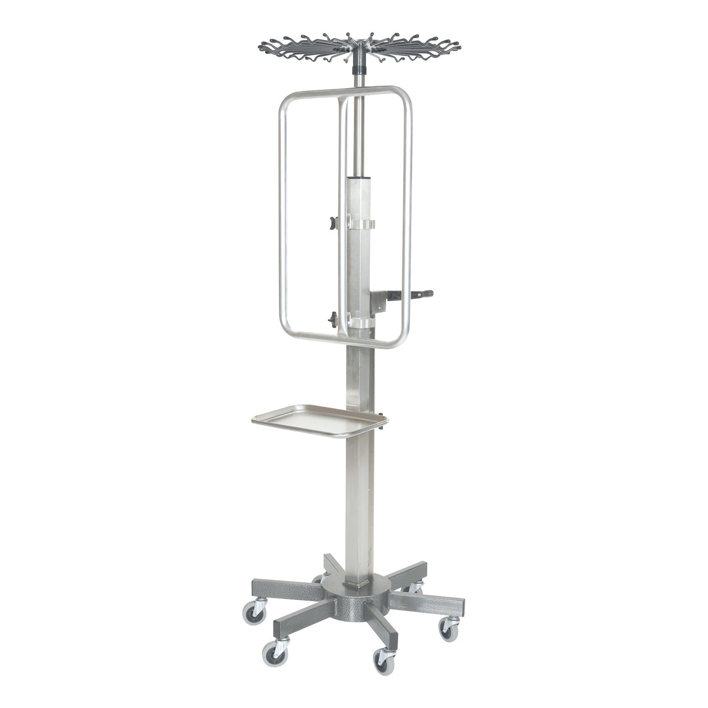 Lift Assist IV Pole with swivel casters, tray, and adjustable height mechanism, featuring a circular rack for IV bags.