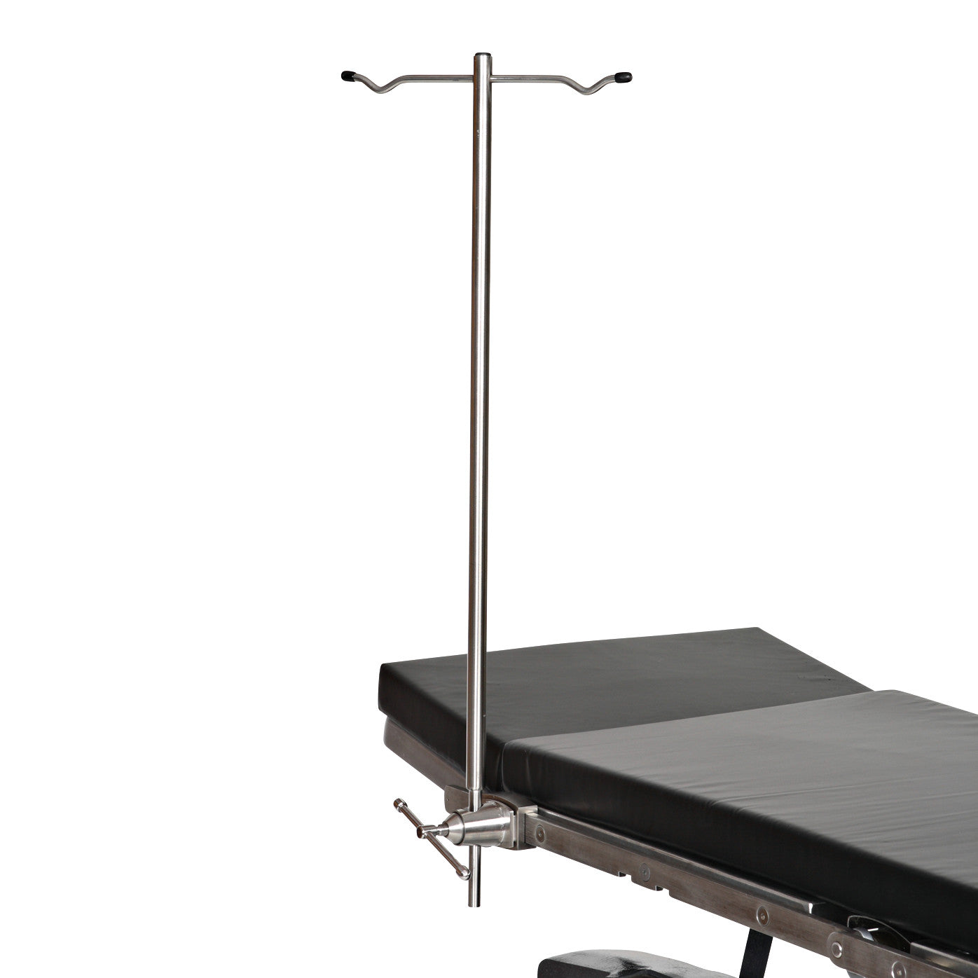 A Rigid IV Pole attached to the side of a medical examination table with a black cushioned surface.
