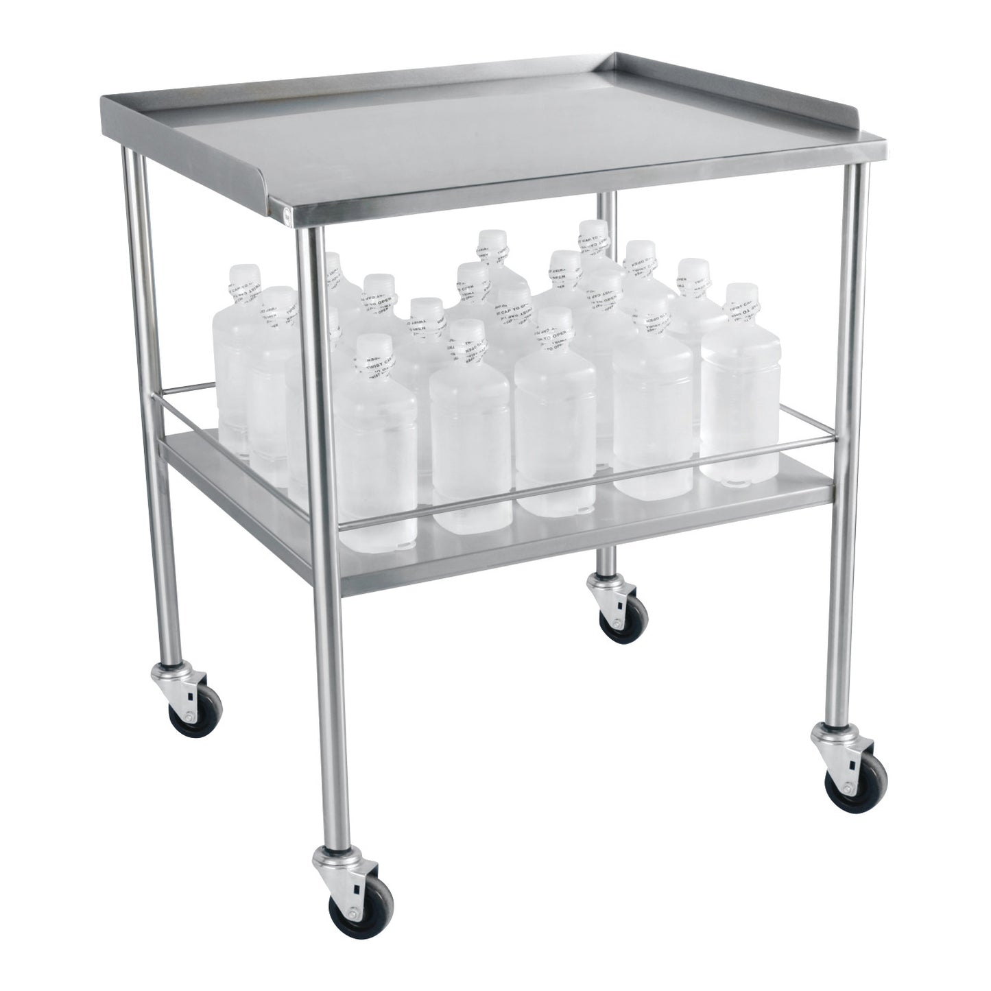 Mobile Stand for Blickman Warming Cabinet, stainless steel frame on caster wheels, with bottles on its lower shelf.