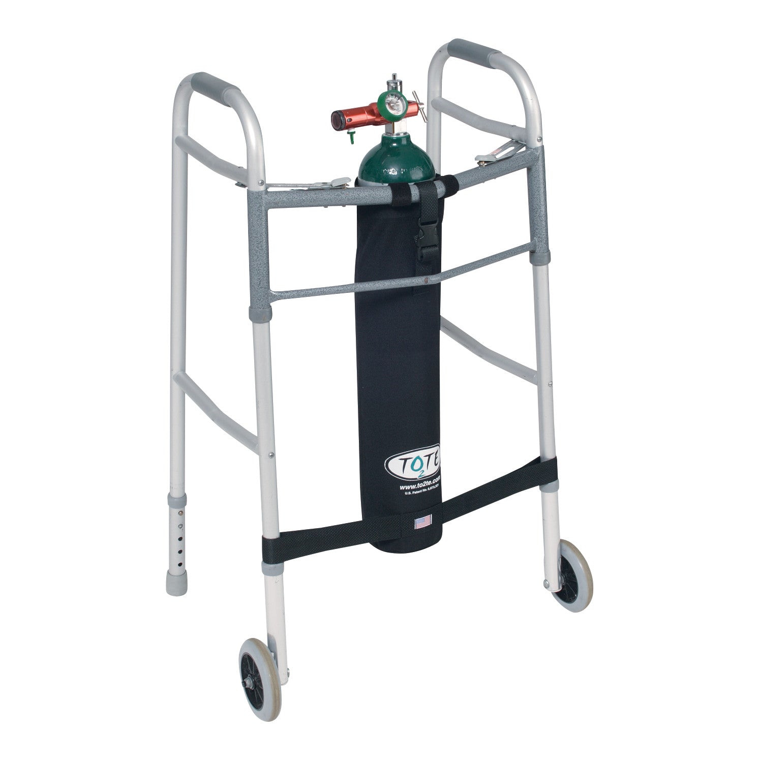 A walker with wheels features the TO2TE Oxygen Bag, securely holding an oxygen tank, designed for convenience and mobility.