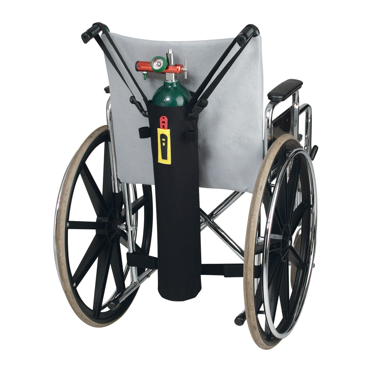 A wheelchair is shown with a TO2TE Walker/Wheelchair Oxygen Bag attached to its back, holding an oxygen cylinder securely.