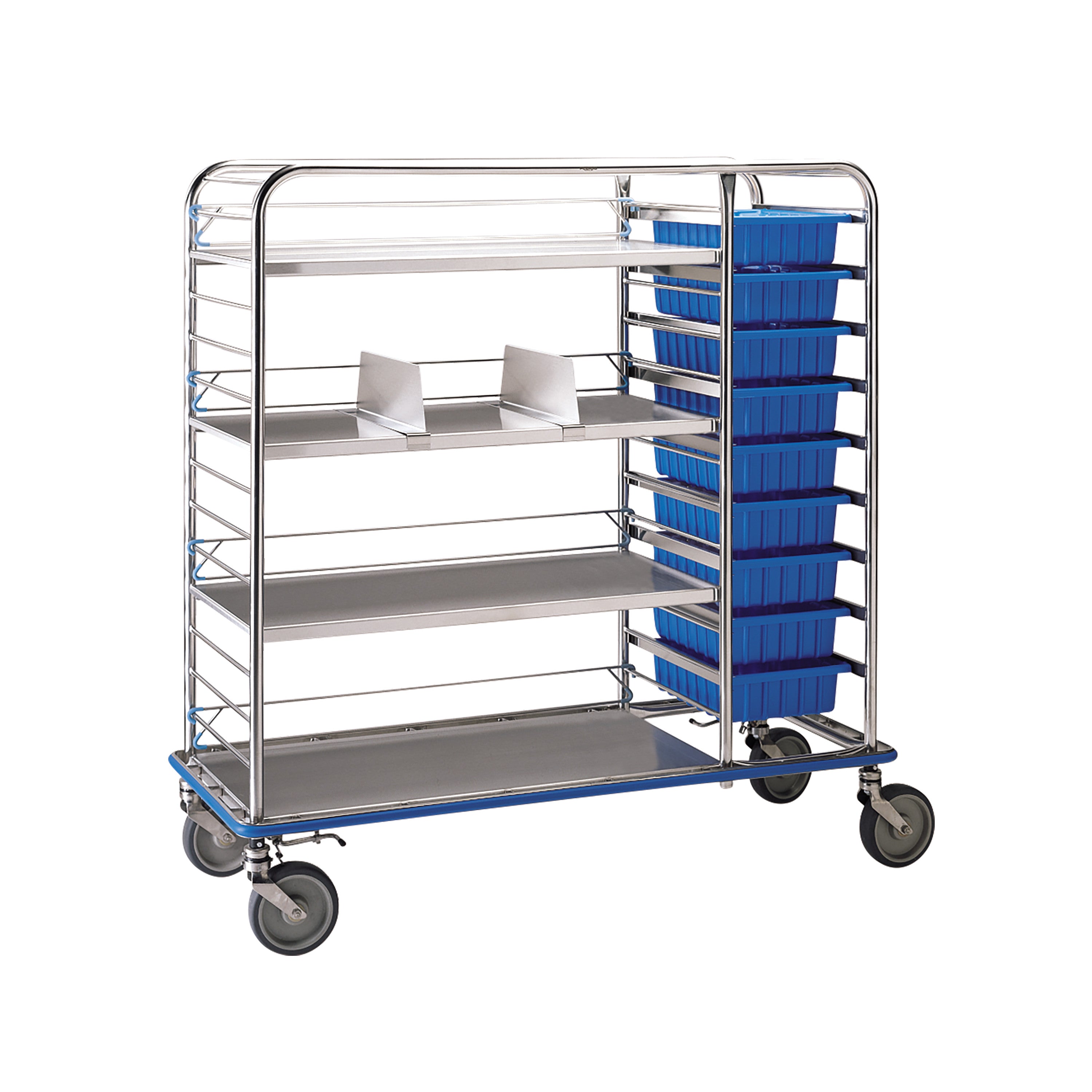 Pedigo Central Supply Cart, 55"W with 7 blue bins, features metal shelves, dividers, and large wheels for easy transport.