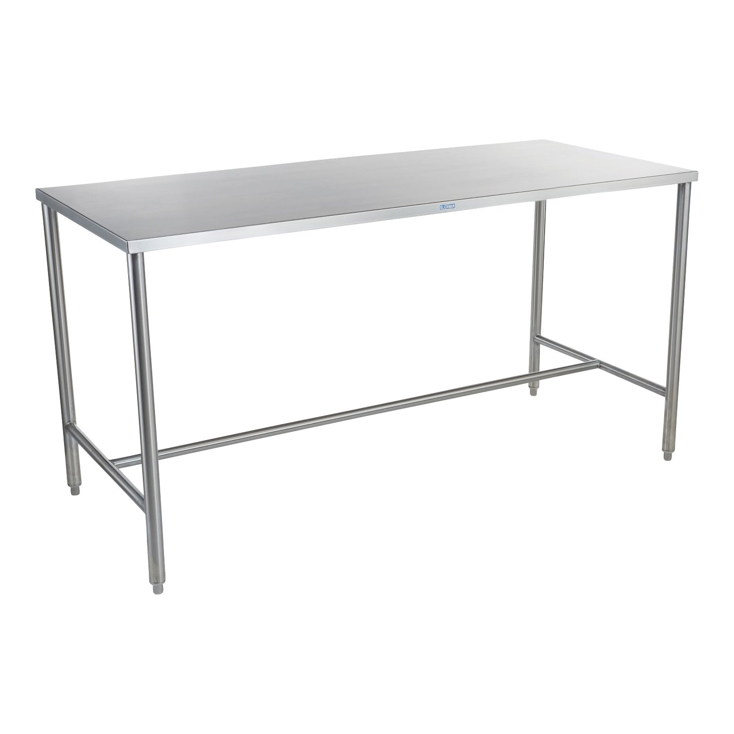 Stainless steel Blickman Work Table with H-Brace. Simple design features a flat top and supportive H-brace between the legs.