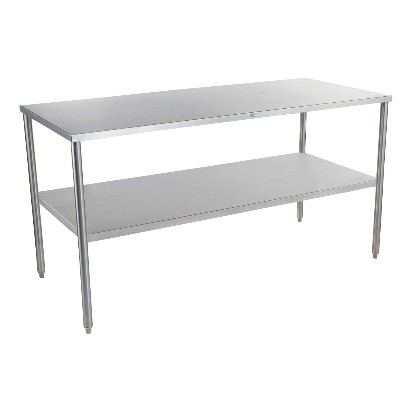 A Blickman Work Table with Shelf, featuring a stainless steel top and lower shelf, supported by four metal legs.