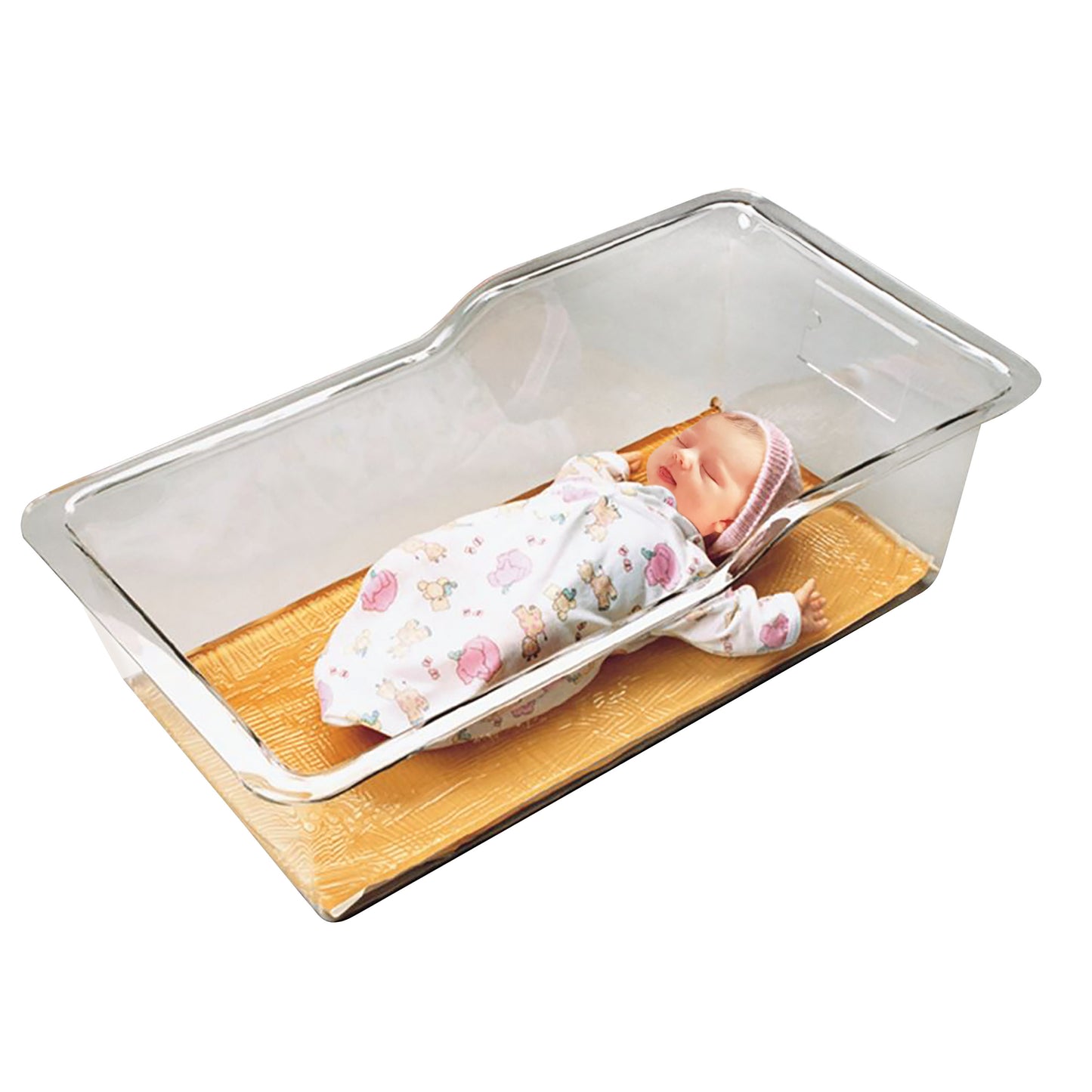 A baby doll is lying on the AliMed AliGel Bassinet Pad inside a transparent plastic bassinet.