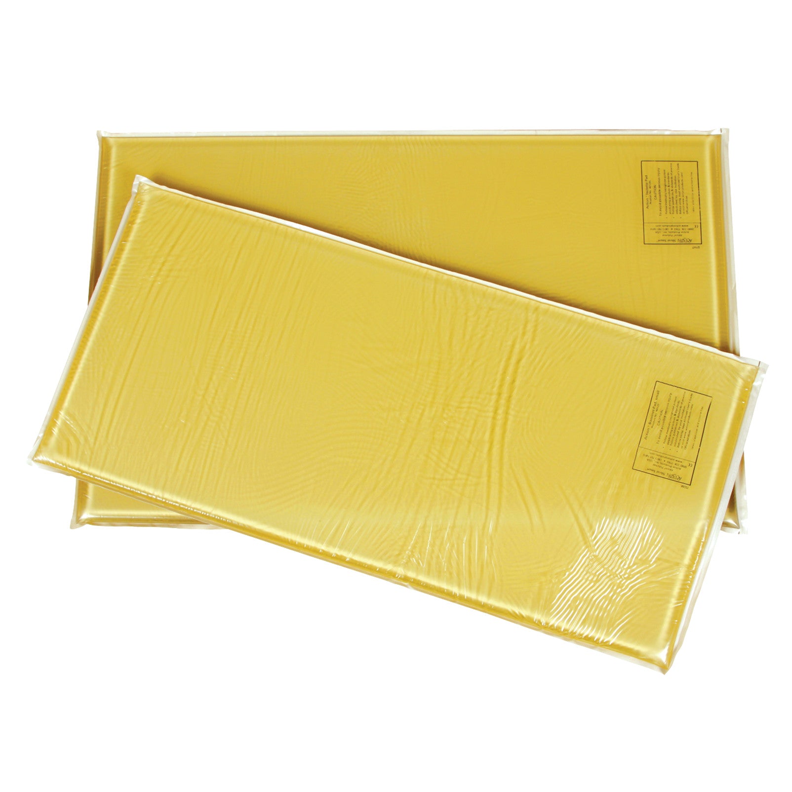 Two stacked yellow AliMed AliGel Isolette Pads, wrapped in protective plastic. Labels are visible on the surface of each pad.