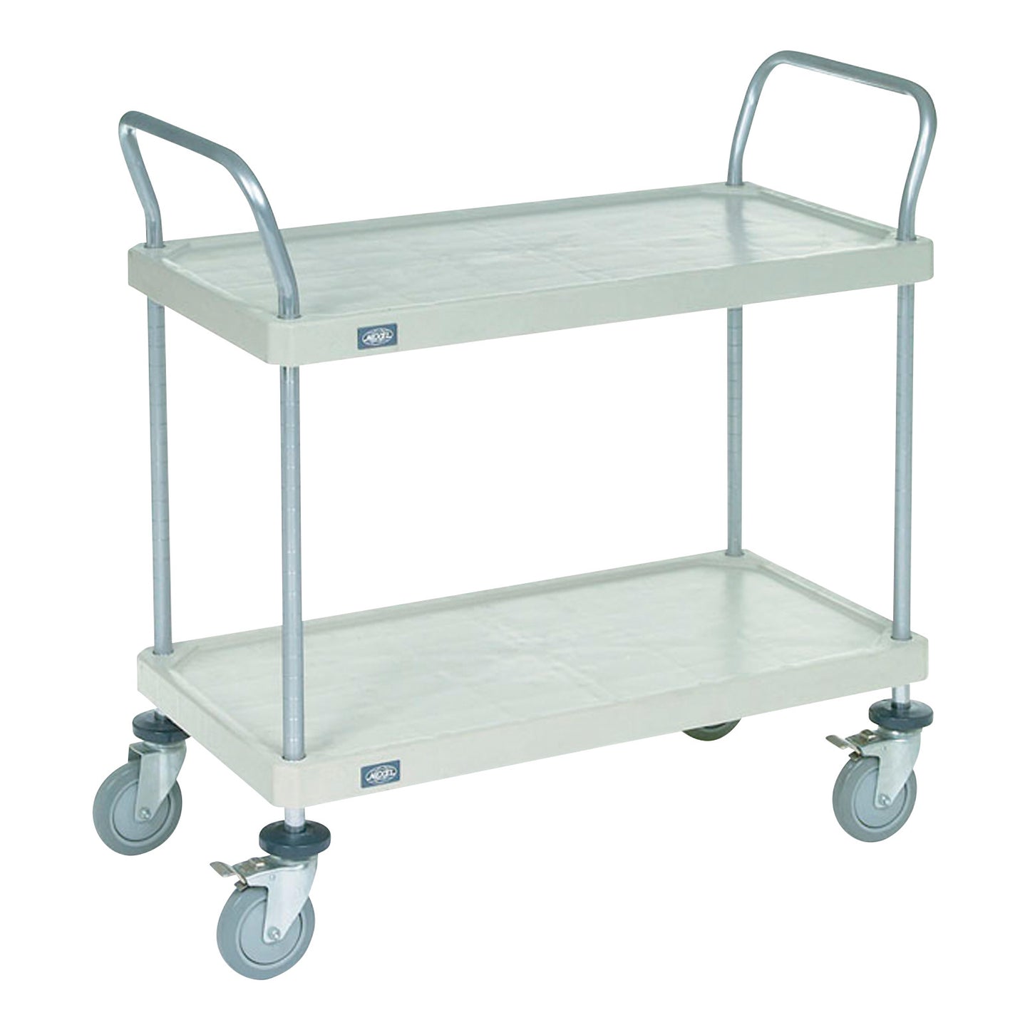 Nexel Solid Plastic Shelf Utility Cart with two shelves, four caster wheels, and metal handles on each end for easy maneuvering.