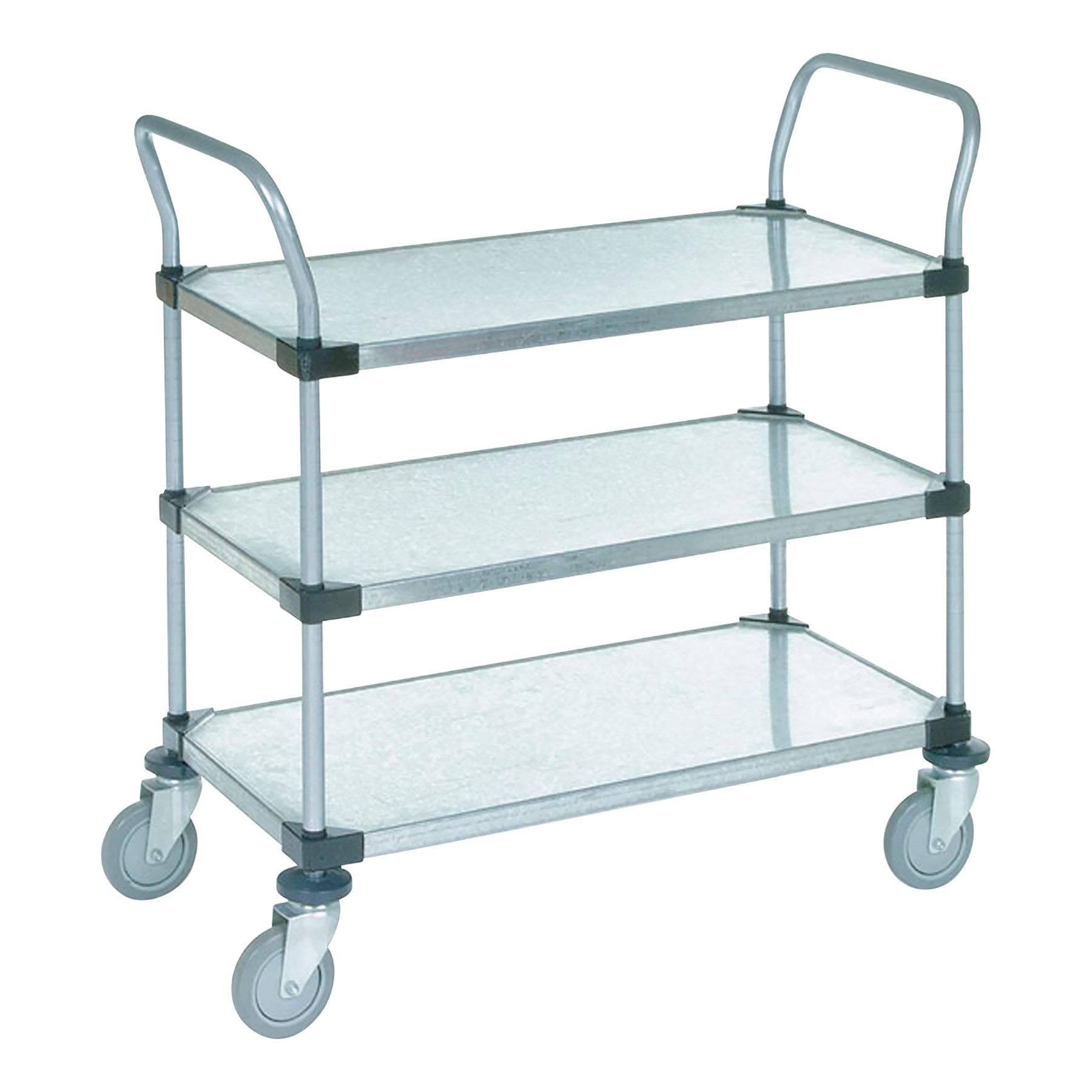 A Nexel Heavy Duty Stainless Steel Utility Cart with three shelves and four wheels for easy mobility.