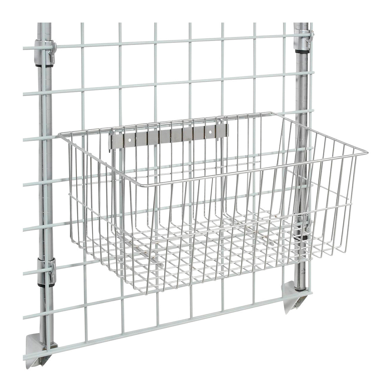 Nexel Utility Basket attached to a metal grid panel. The basket is made of silver wire with a rectangular shape.