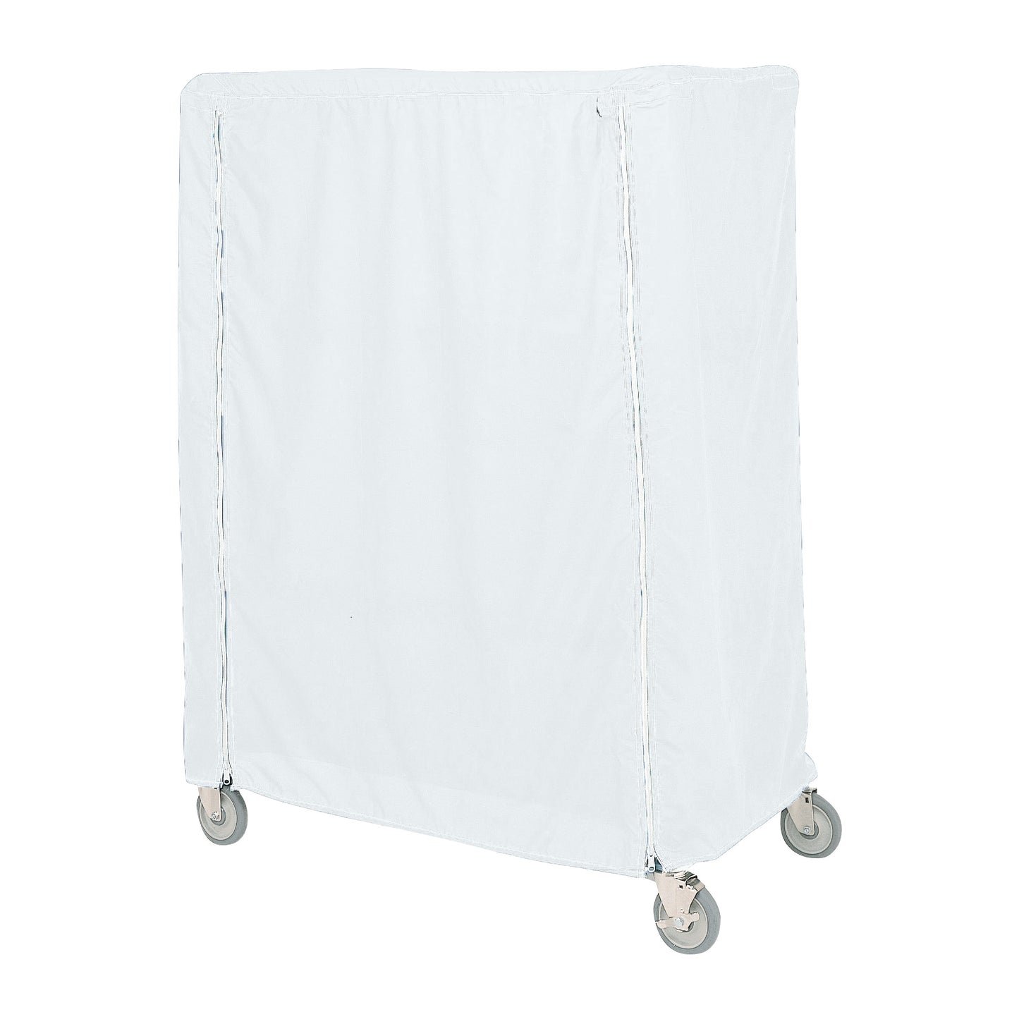 A Metro Waterproof Cart Cover on a cart with four wheels, shown in a plain, white color.