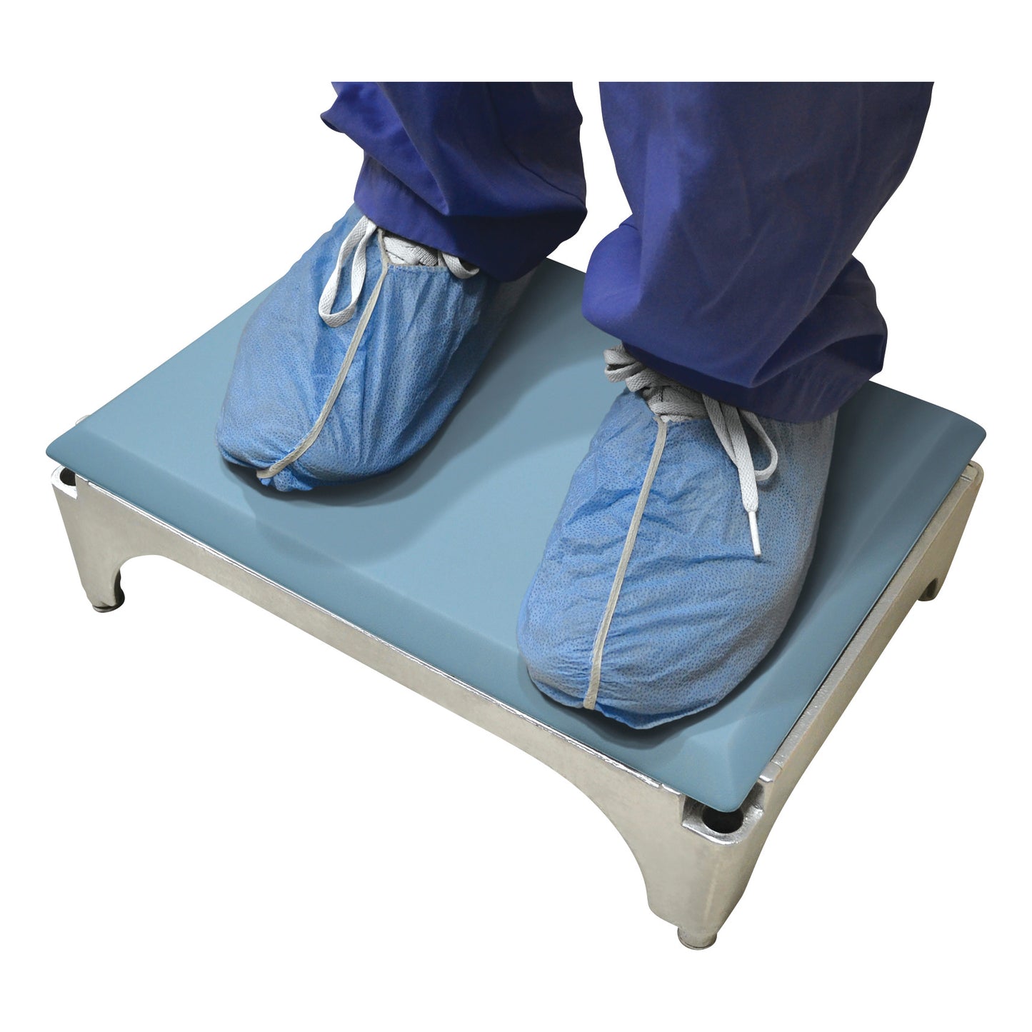 Person wearing blue shoe covers stands on a GelPro Disposable Surgical Comfort Stool Mat on a steel platform.