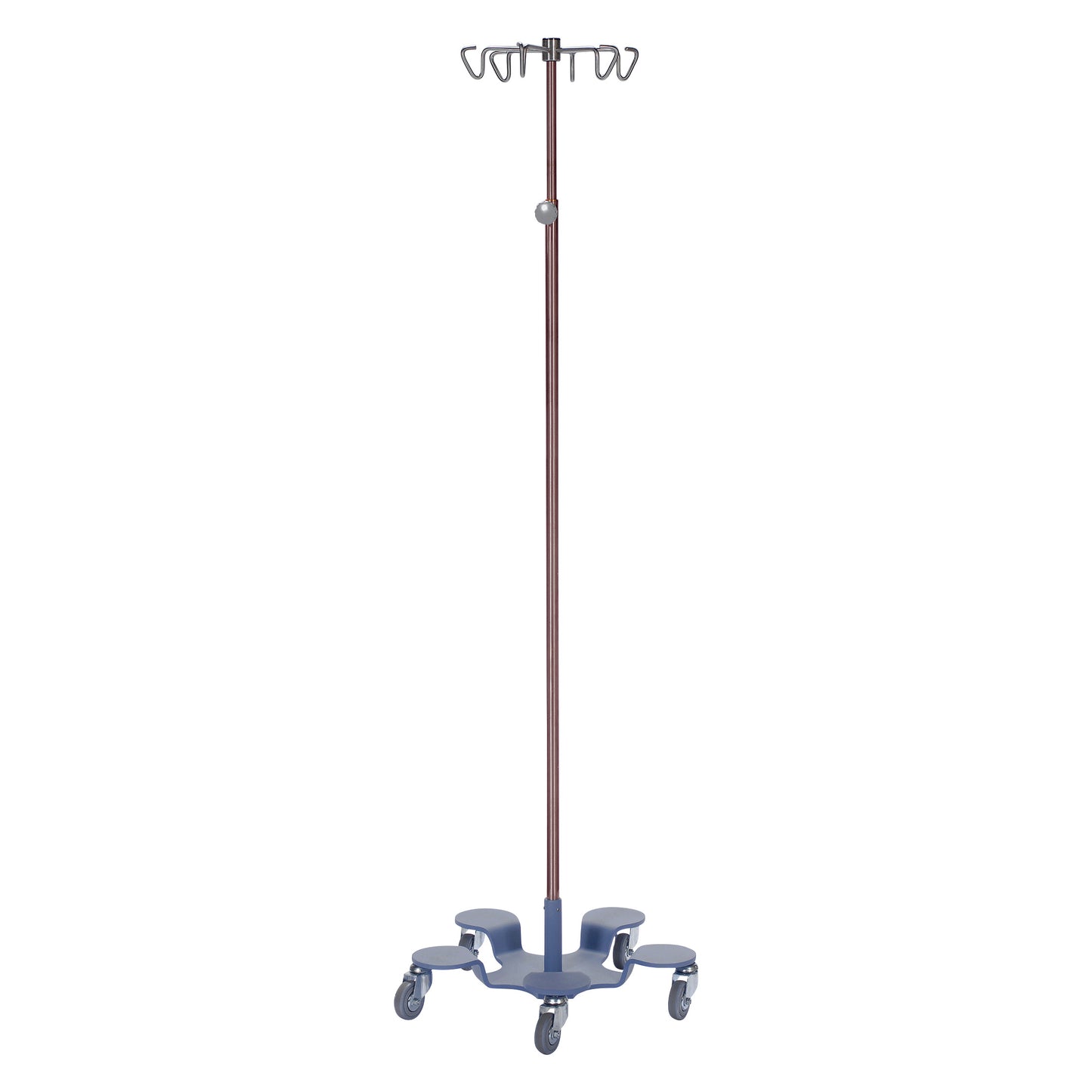 Pedigo CuVerro Infusion Pump Stand with a stainless steel pole, multiple hooks, and a wheeled base for mobility.