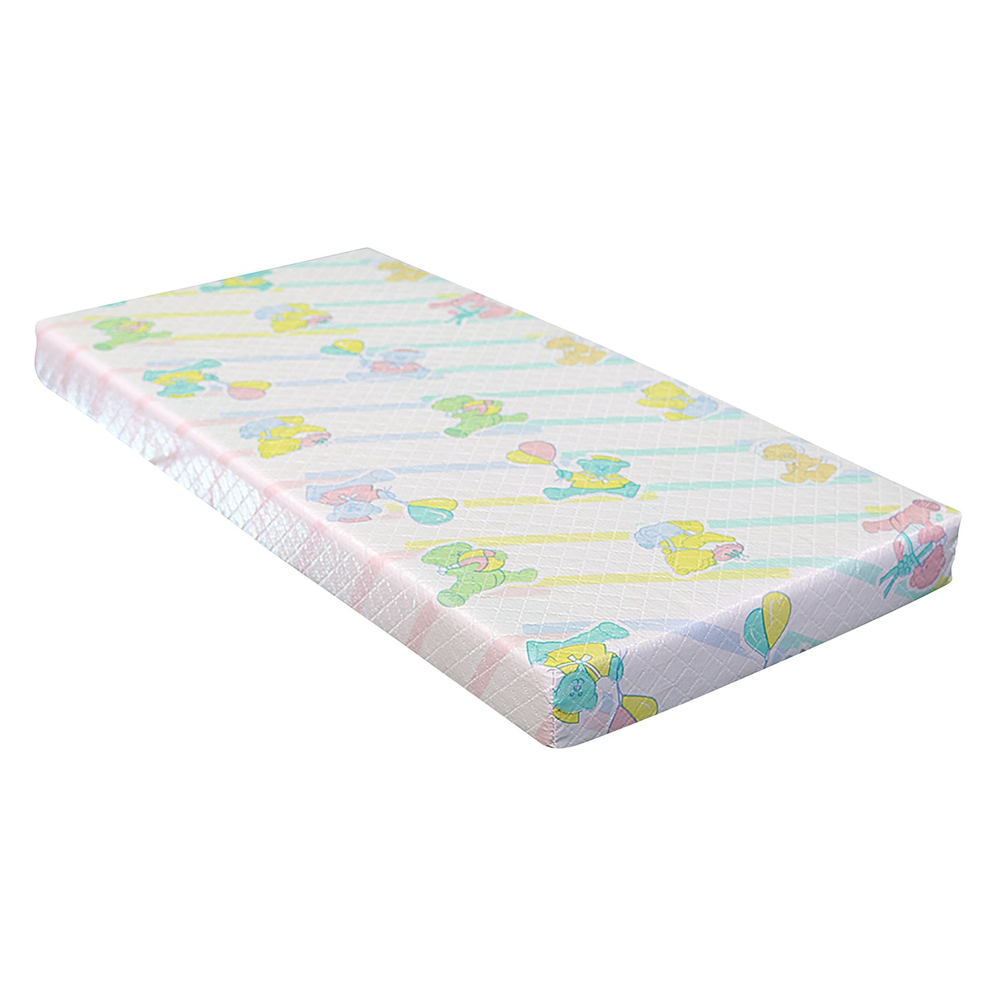 Novum Medical Bassinet Mattress with a colorful pattern of cartoon animals and balloons on a soft, quilted surface.