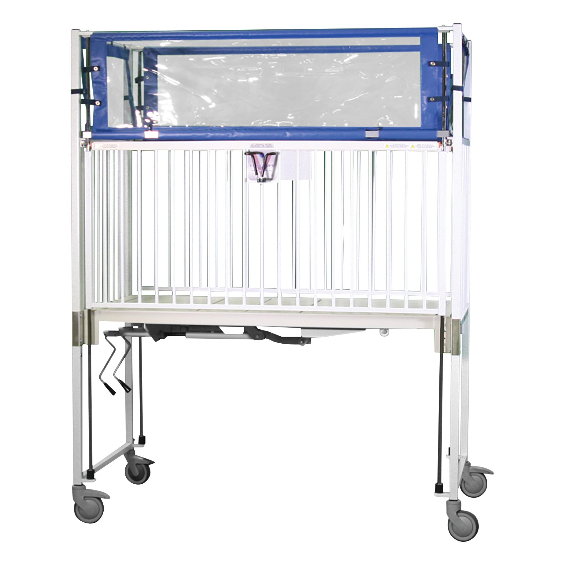 A Novum Medical Klimer Child Crib with a blue top, clear sides, white bars, and wheels for mobility.