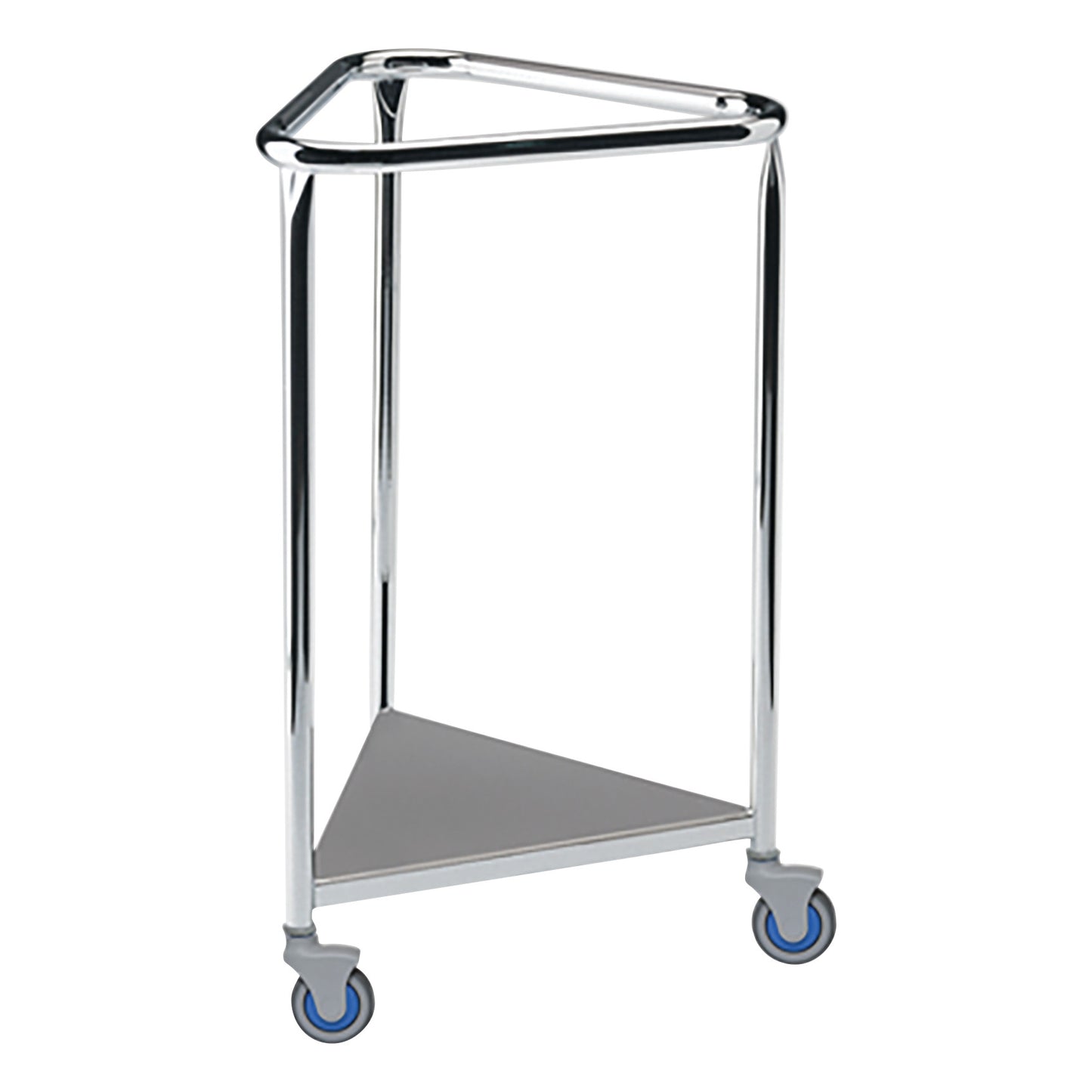 A silver metallic triangular Pedigo Hamper with three caster wheels, designed for easy mobility.