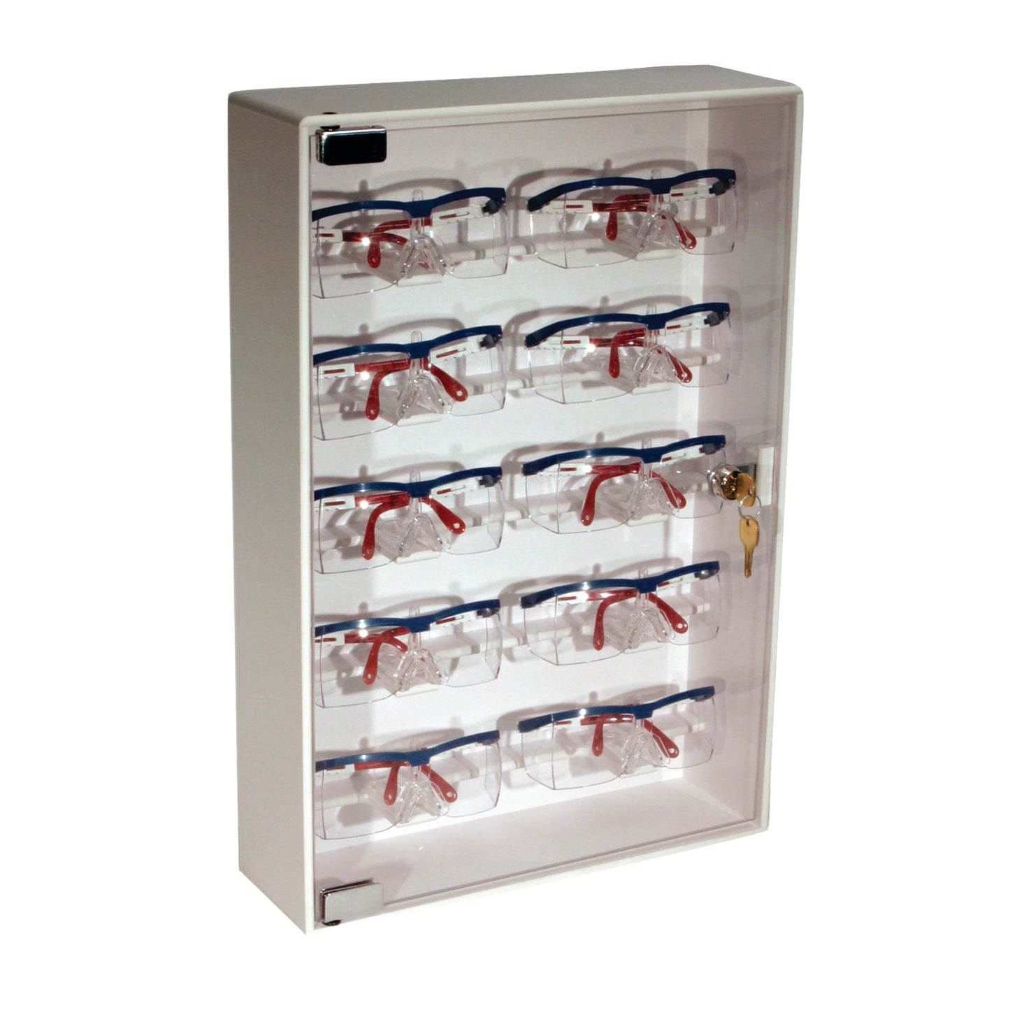 A white Safety Glasses Cabinet with a clear door holds nine pairs of safety glasses. It features a lock and key on the right side.