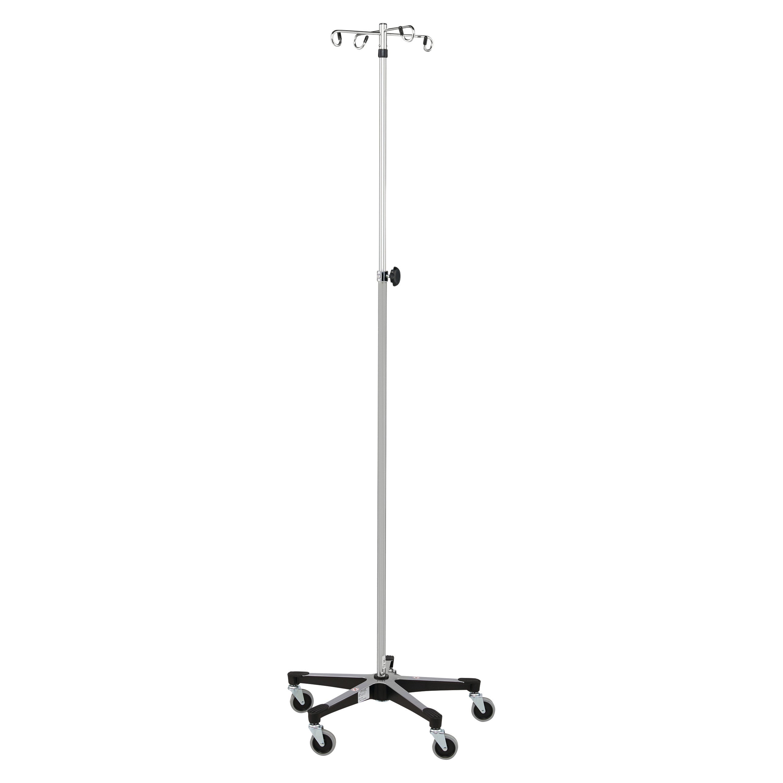 Blickman Five-Leg Chrome IV Stand with a tall pole, adjustable height, and wheeled base for hospital use.