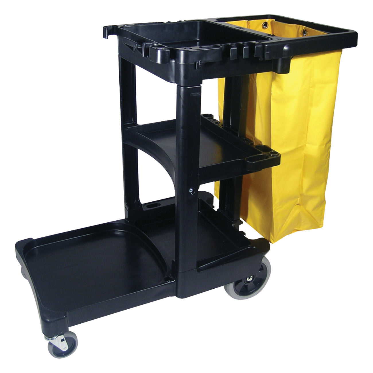 A black MR-Conditional Janitorial Cart System with shelves and a yellow bag, equipped with wheels for easy movement.