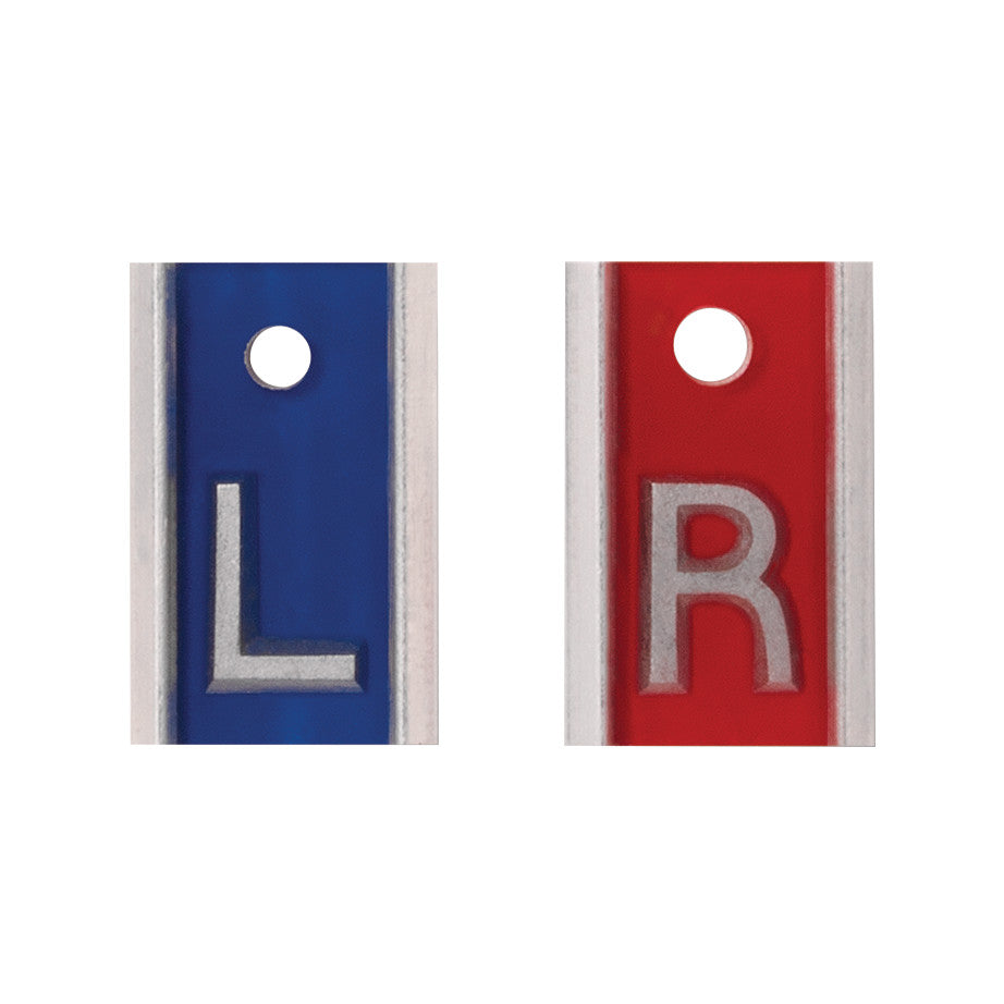 Aluminum Left/Right X-Ray Marker Set with blue "L" marker and red "R" marker, each with a round hole at the top.