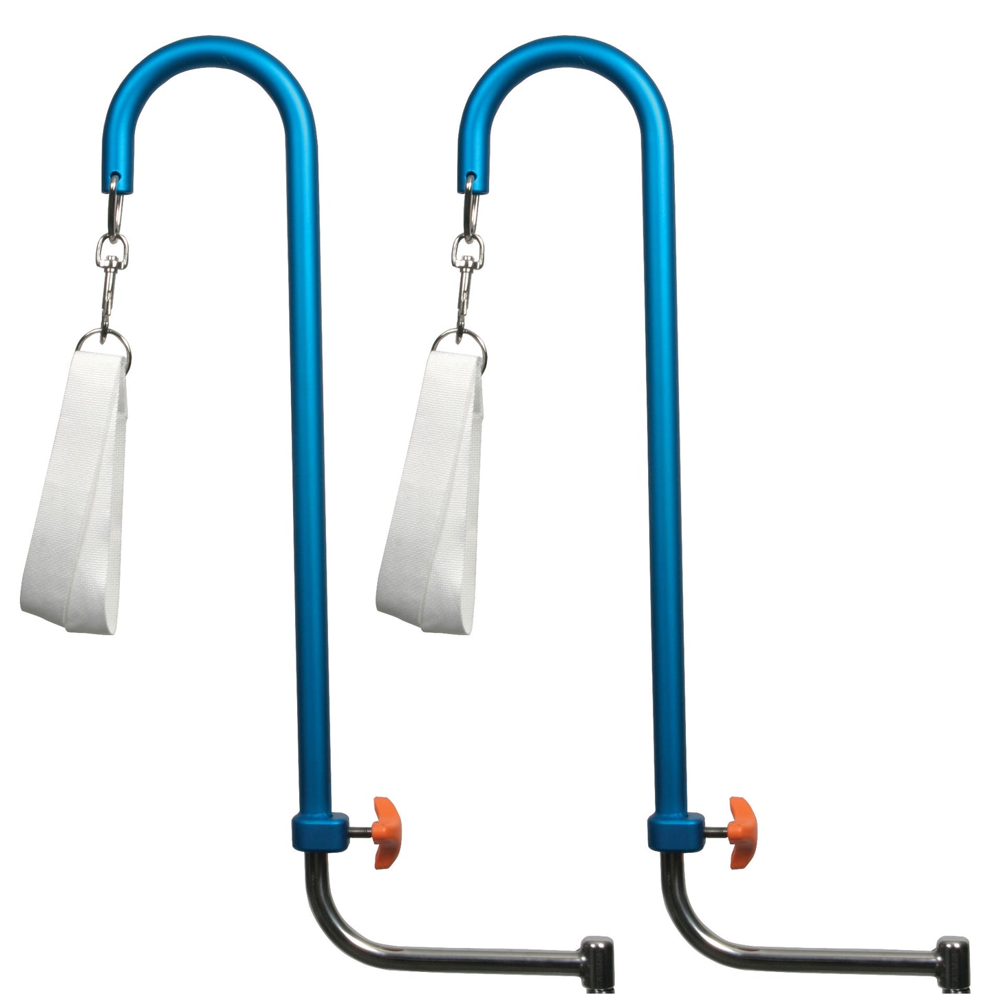 Two blue AliMed Lithotomy Holders with white straps are shown, featuring adjustable mounts and orange adjustment knobs.