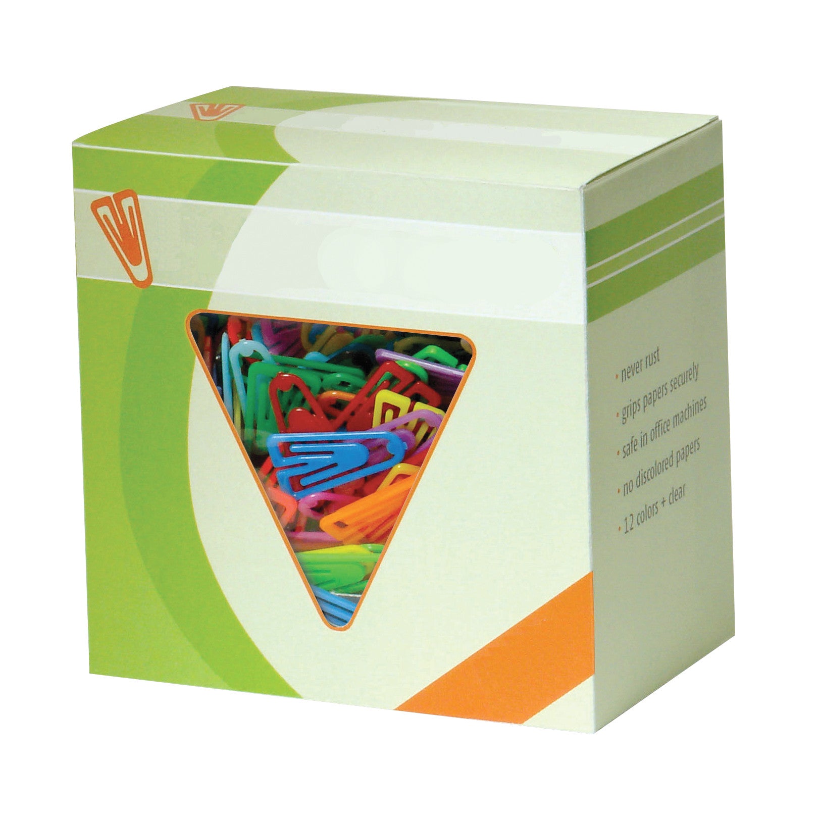 Box of MRI Safe Plastic Paper Clips, featuring various bright colors, with a triangular clear window showing the clips inside.