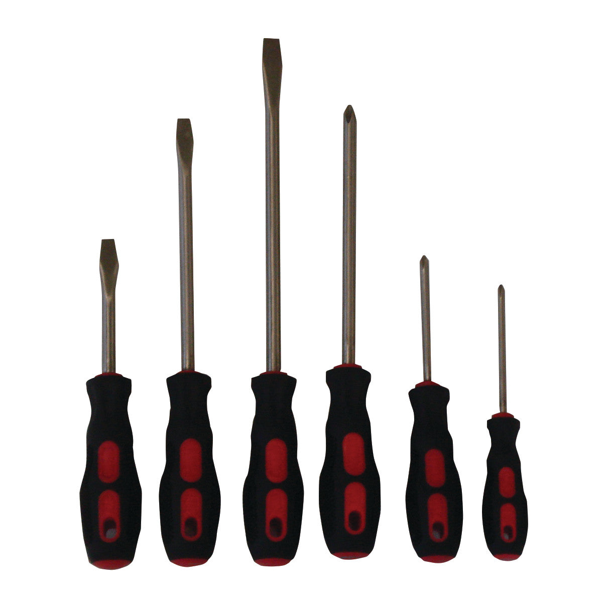 MRI 6-Piece Screwdriver Set with black and red handles, featuring various flathead and Phillips screwdrivers in different sizes.