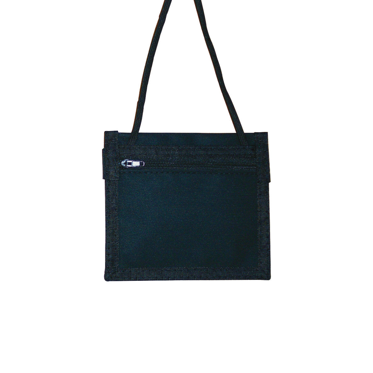 A black MRI Horizontal Badge Holder Pouch on a lanyard, featuring a zippered top flap for secure badge storage.