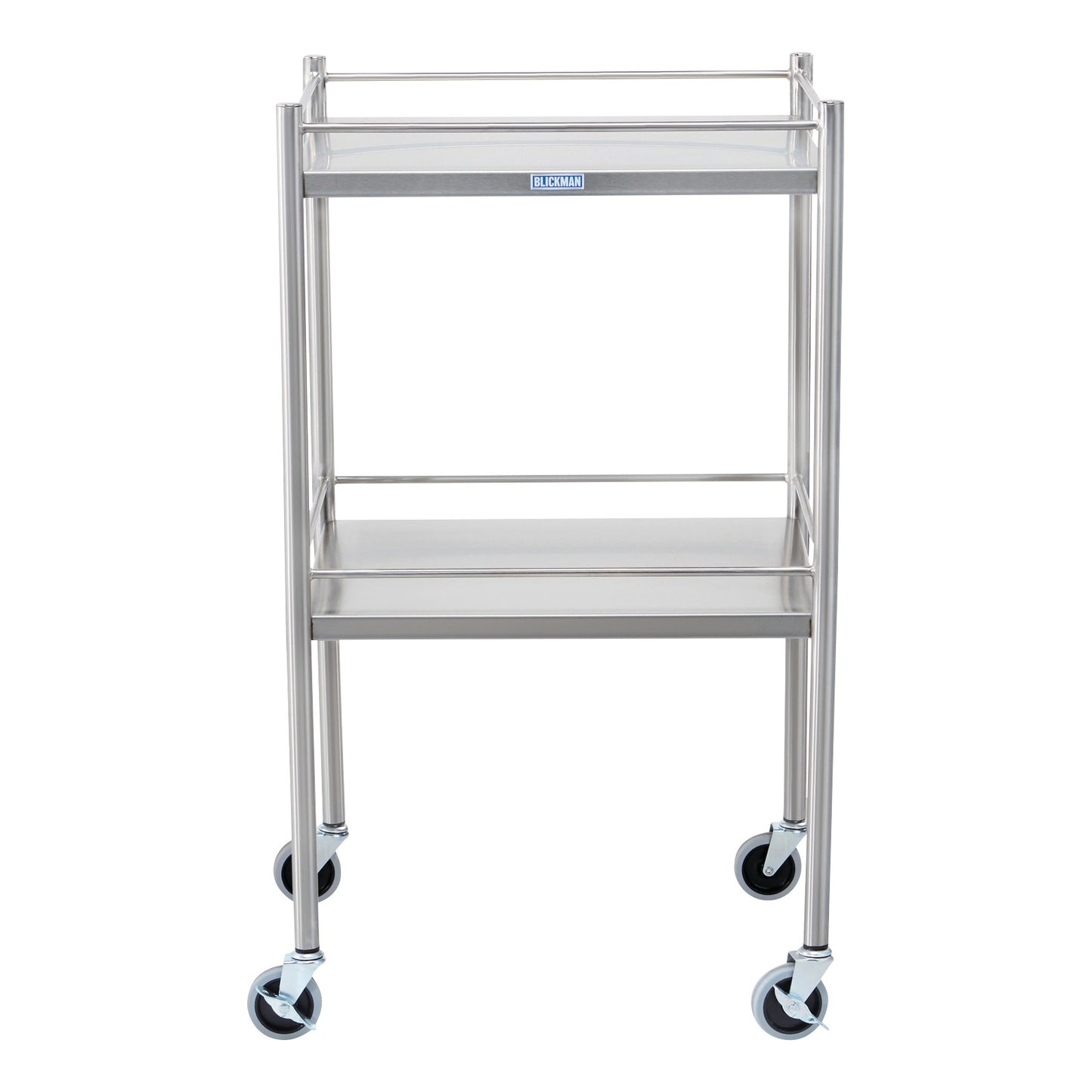 Stainless steel Blickman Utility Table with two shelves and four caster wheels on the bottom for mobility.