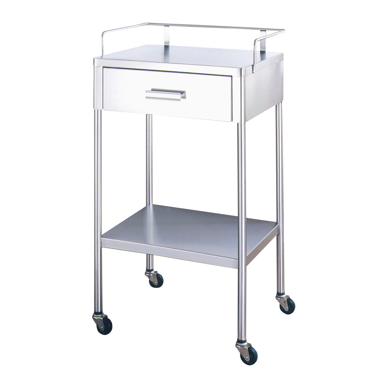 A UMF Utility Table with a drawer, lower shelf, and four caster wheels for mobility, featuring a sleek metallic finish.