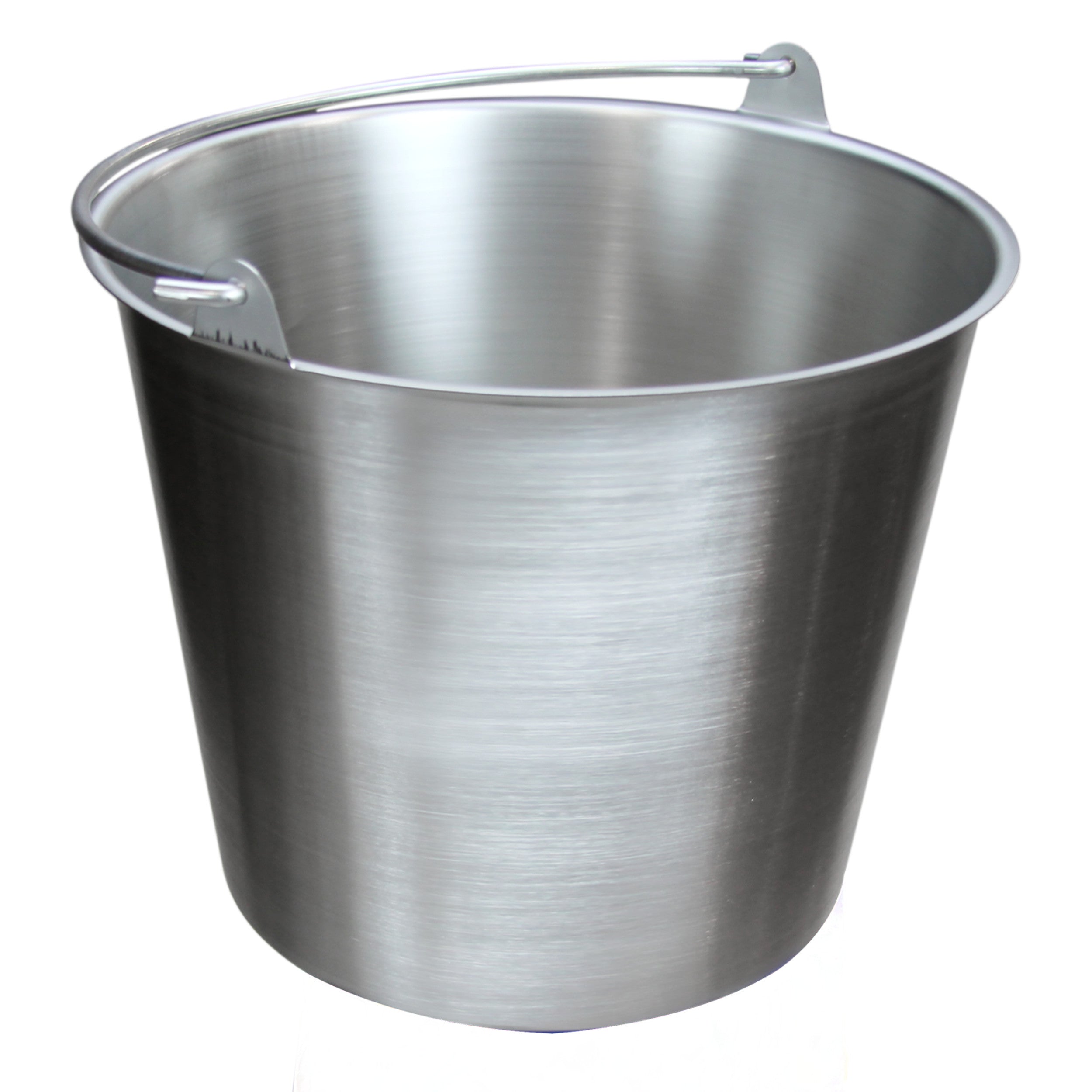 A Blickman 13-Qt. Stainless Steel Lenox Kickbucket Pail with a shiny metallic finish and a handle on its rim.