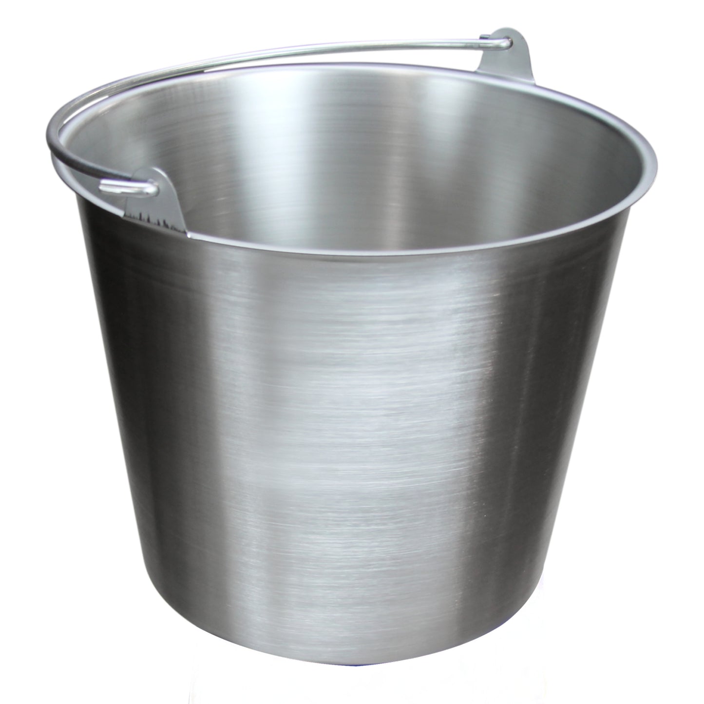 A Blickman 13-Qt. Stainless Steel Lenox Kickbucket Pail with a shiny metallic finish and a handle on its rim.