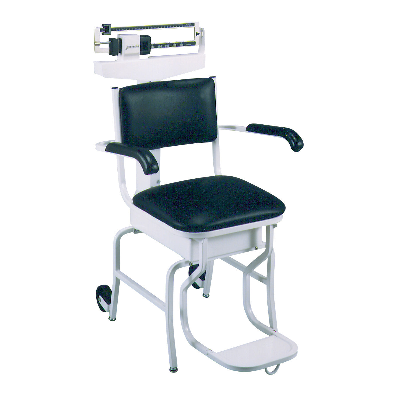 A DETECTO Chair Scale with black cushion seat, backrest, armrests, and a mechanical weight scale on the back.